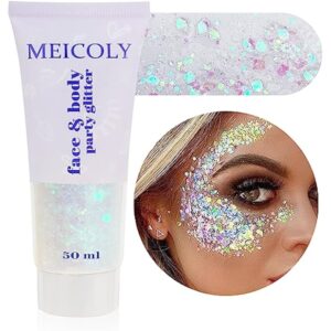 MEICOLY Clear White Body Glitter Gel – Sparkling Chunky Glitter for Face, Hair & Body, Non-Toxic & Washable, 50ml