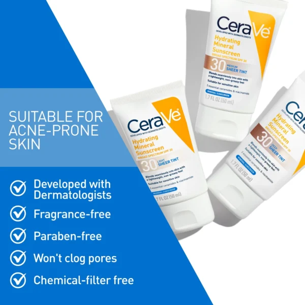 CeraVe Hydrating Mineral Sunscreen SPF 30 with Sheer Tint – Tinted Face Sunscreen with Broad Spectrum Protection & Skin Barrier Support - Image 2