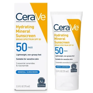 CeraVe 100% Mineral Sunscreen SPF 50 – Broad Spectrum Face Sunscreen for Sensitive Skin