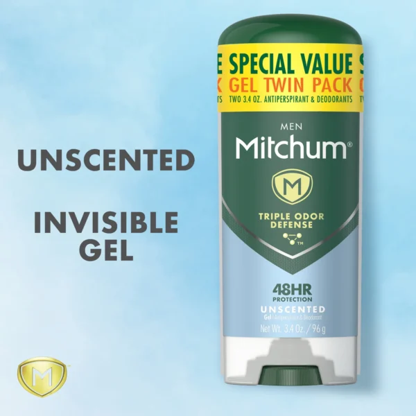 Mitchum Men’s Antiperspirant Gel Stick – Triple Odor Defense, 48-Hour Protection, Unscented & Alcohol-Free, 3.4 oz (Pack of 2) - Image 6