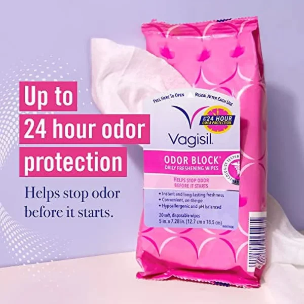 Vagisil Odor Block Daily Freshening Wipes – Feminine Hygiene, 20 Wipes (Pack of 3), Gynecologist Tested & Hypoallergenic - Image 2