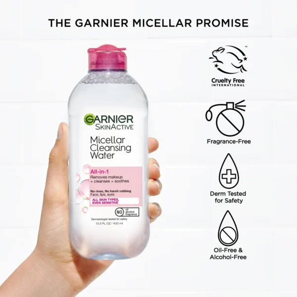 Garnier Micellar Cleansing Water – All-in-1 Makeup Remover & Facial Cleanser (3.4 fl oz, Travel Size) - Image 3