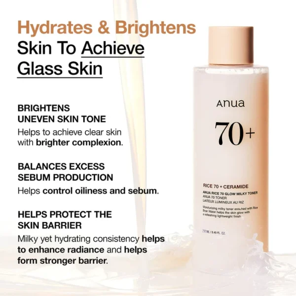 ANUA Rice 70 Glow Milky Toner – Hydrating & Brightening Toner with 70% Rice Water, Niacinamide, and Ceramides for Radiant, Glass Skin - Image 5