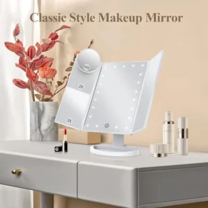 HUONUL Makeup Mirror Vanity Mirror with Lights – Trifold Design, 21 LED Bulbs, 2X/3X/10X Magnification, Touch Control, Dual Power Supply