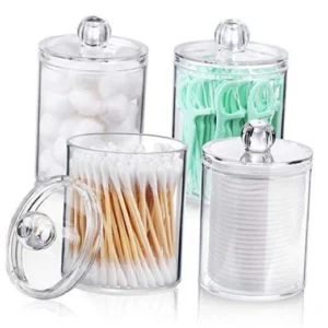 4-Pack Acrylic Qtip Holder Dispenser Set – Clear Plastic Apothecary Jars with Lids for Cotton Swabs, Balls, Pads, and Floss Picks – Bathroom Vanity Storage Organizer